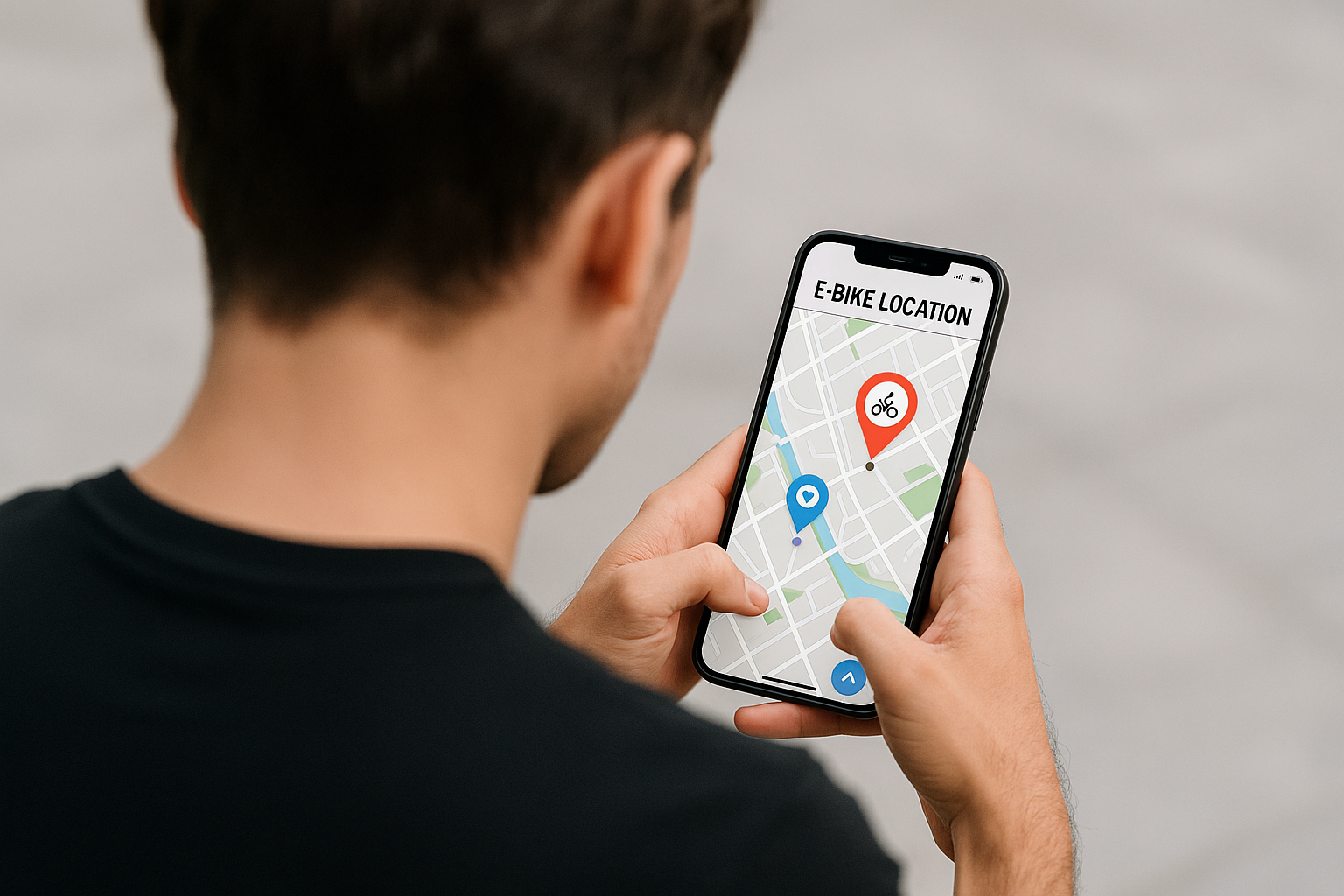 persona con telefono in mano di spalle. APP di localizzazione e-bike aperta sul telefono, si vede una mappa e la tua e-bike